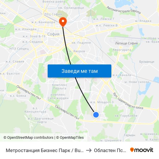 Метростанция Бизнес Парк / Business Park Metro Station (2490) to Областен Психо-Диспансер map