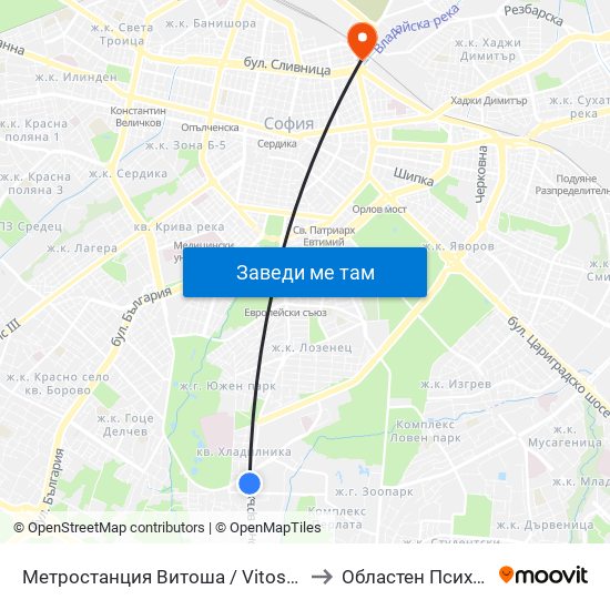 Метростанция Витоша / Vitosha Metro Station (2756) to Областен Психо-Диспансер map