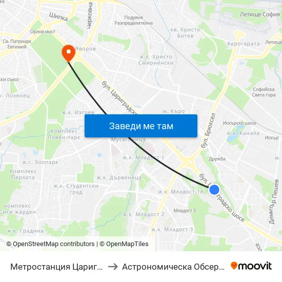 Ⓜ️ Метростанция Цариградско Шосе / Tsarigradsko Shosse Metro Station (1016) to Астрономическа Обсерватория На Софийския Университет ""Св. Климент Охридски"" map