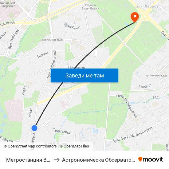 Метростанция Витоша / Vitosha Metro Station (2654) to Астрономическа Обсерватория На Софийския Университет ""Св. Климент Охридски"" map