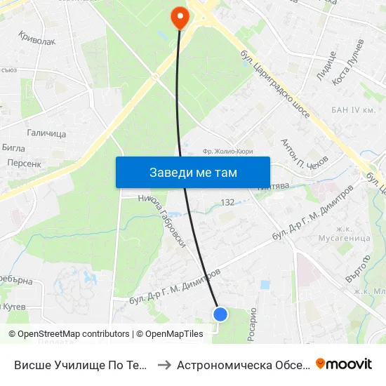 Висше Училище По Телекомуникации / University Of Telecommunications And Post (1397) to Астрономическа Обсерватория На Софийския Университет ""Св. Климент Охридски"" map