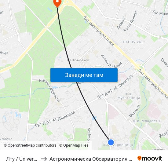 Лту / University Of Forestry (0614) to Астрономическа Обсерватория На Софийския Университет ""Св. Климент Охридски"" map