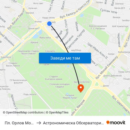 Пл. Орлов Мост / Eagles' Bridge Sq. (1290) to Астрономическа Обсерватория На Софийския Университет ""Св. Климент Охридски"" map