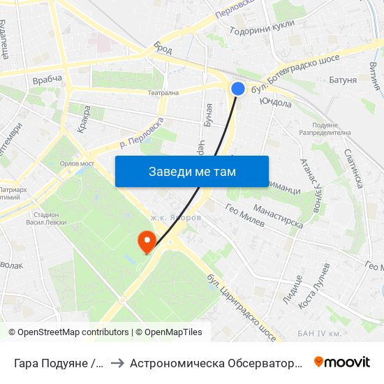 Гара Подуяне / Poduyane Train Station (0466) to Астрономическа Обсерватория На Софийския Университет ""Св. Климент Охридски"" map