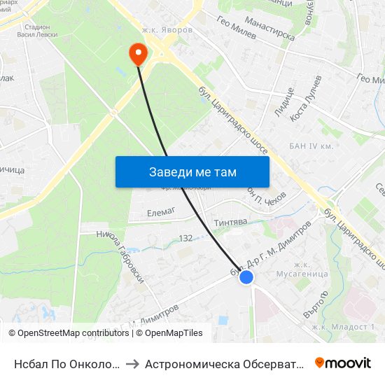 Нсбал По Онкология / National Oncology Hospital (0764) to Астрономическа Обсерватория На Софийския Университет ""Св. Климент Охридски"" map