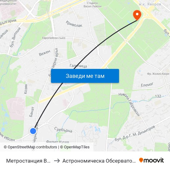 Метростанция Витоша / Vitosha Metro Station (2755) to Астрономическа Обсерватория На Софийския Университет ""Св. Климент Охридски"" map
