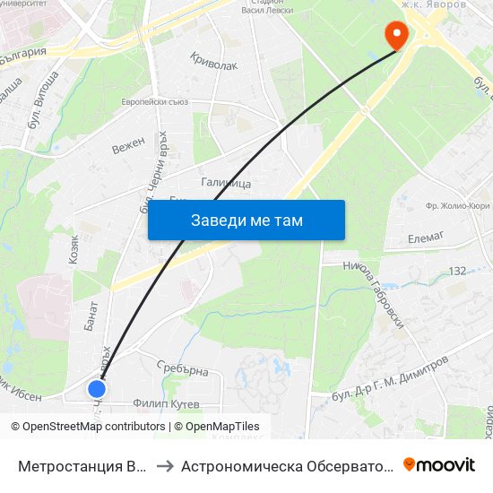 Метростанция Витоша / Vitosha Metro Station (2756) to Астрономическа Обсерватория На Софийския Университет ""Св. Климент Охридски"" map