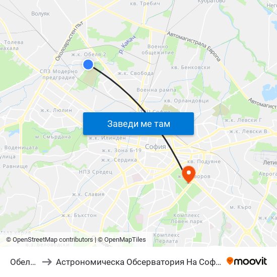 Обеля / Obelya to Астрономическа Обсерватория На Софийския Университет ""Св. Климент Охридски"" map