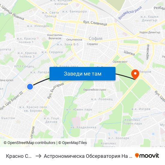 Красно Село / Krasno Selo to Астрономическа Обсерватория На Софийския Университет ""Св. Климент Охридски"" map