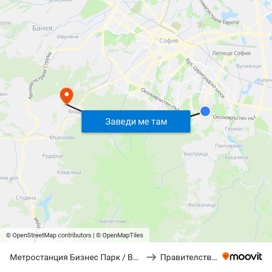 Метростанция Бизнес Парк / Business Park Metro Station (2490) to Правителствен Санаториум map