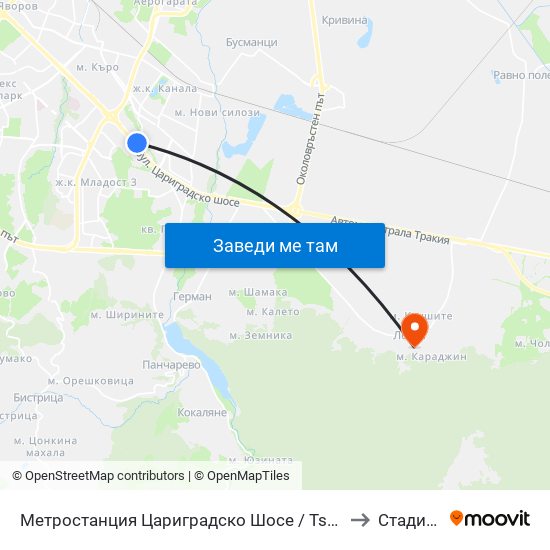 Метростанция Цариградско Шосе / Tsarigradsko Shosse Metro Station (1016) to Стадион Лозен map