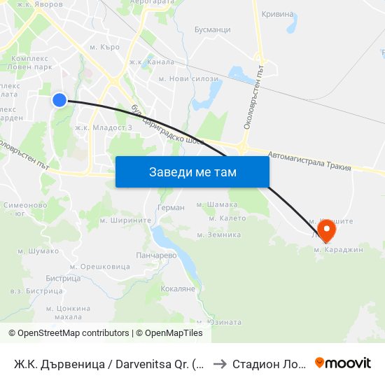 Ж.К. Дървеница / Darvenitsa Qr. (1012) to Стадион Лозен map