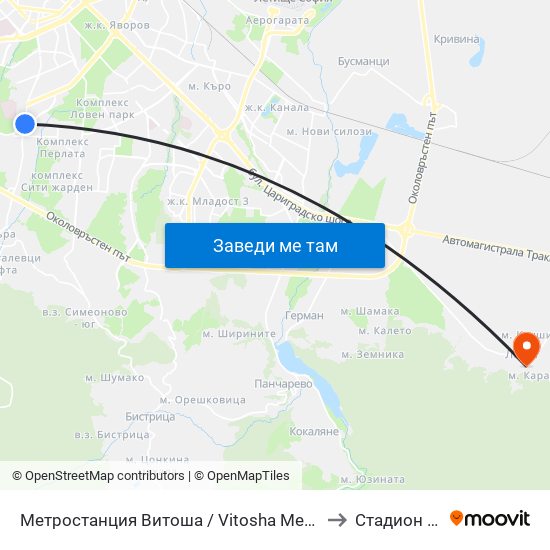 Метростанция Витоша / Vitosha Metro Station (2654) to Стадион Лозен map