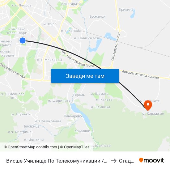 Висше Училище По Телекомуникации / University Of Telecommunications And Post (1397) to Стадион Лозен map