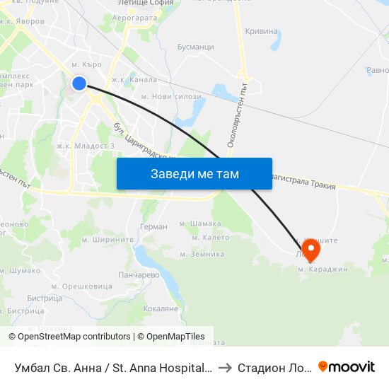 Умбал Св. Анна / St. Anna Hospital (1194) to Стадион Лозен map