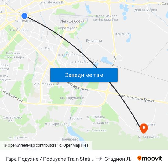 Гара Подуяне / Poduyane Train Station (0468) to Стадион Лозен map