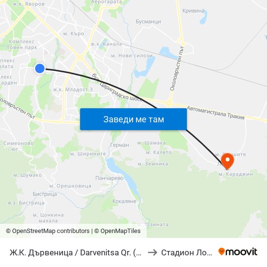 Ж.К. Дървеница / Darvenitsa Qr. (0801) to Стадион Лозен map
