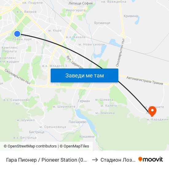 Гара Пионер / Pioneer Station (0465) to Стадион Лозен map