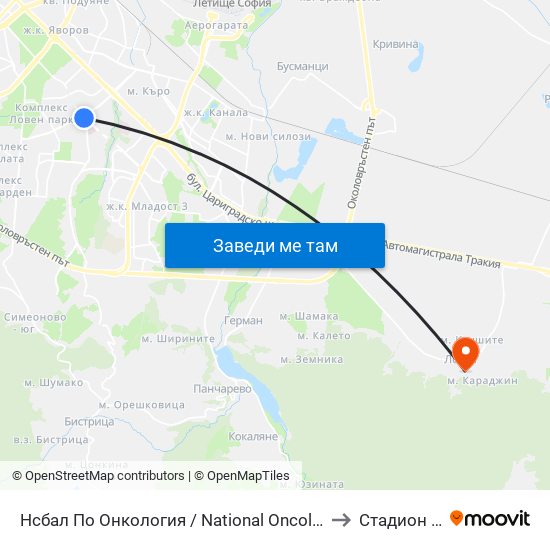 Нсбал По Онкология / National Oncology Hospital (0764) to Стадион Лозен map