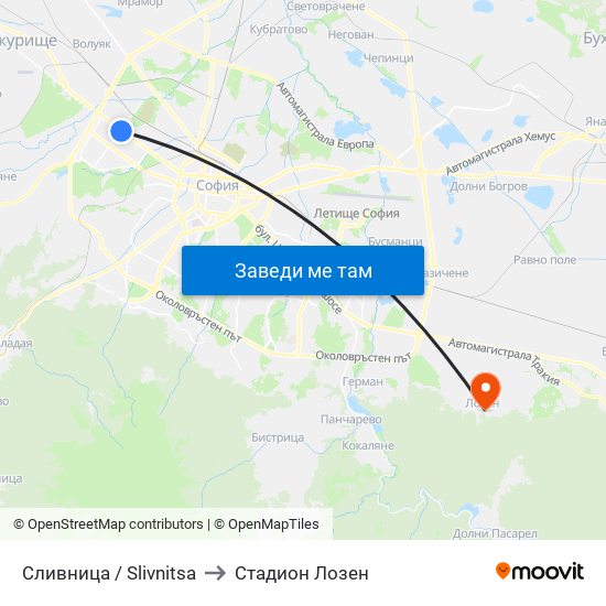 Сливница / Slivnitsa to Стадион Лозен map