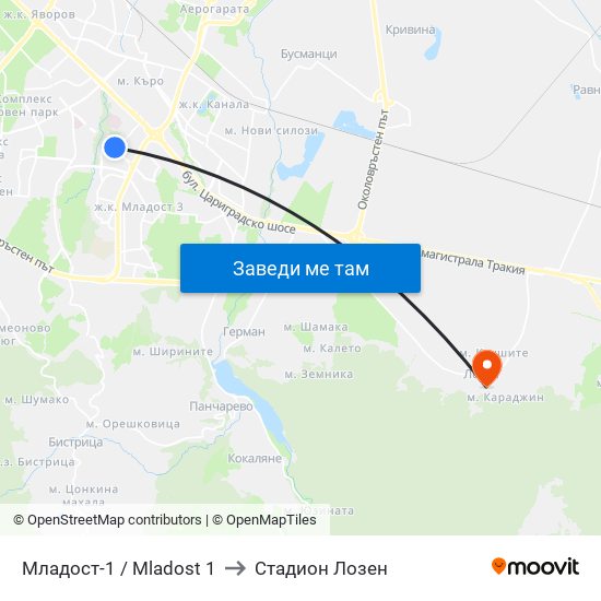 Младост-1 / Mladost 1 to Стадион Лозен map