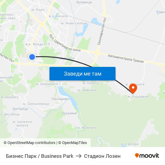 Бизнес Парк / Business Park to Стадион Лозен map