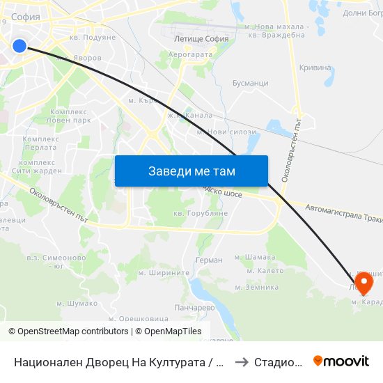 Национален Дворец На Културата / National Palace Of Culture to Стадион Лозен map