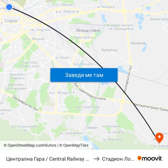Централна Гара / Central Railway Station to Стадион Лозен map