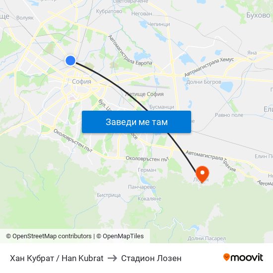 Хан Кубрат / Han Kubrat to Стадион Лозен map