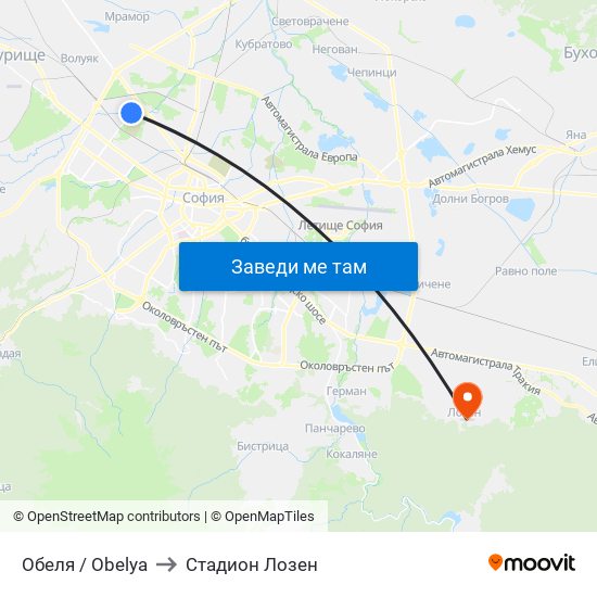 Обеля / Obelya to Стадион Лозен map