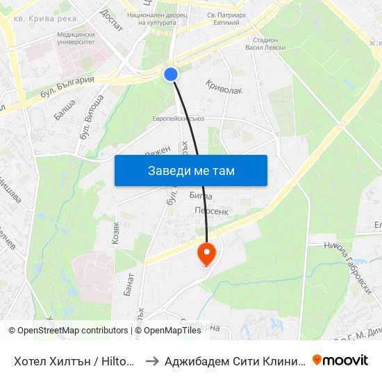 Хотел Хилтън / Hilton Hotel (0397) to Аджибадем Сити Клиник Мбал Токуда map