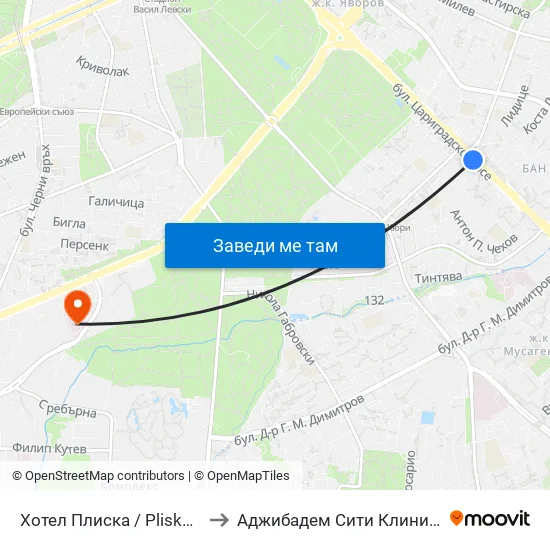 Хотел Плиска / Pliska Hotel (2326) to Аджибадем Сити Клиник Мбал Токуда map