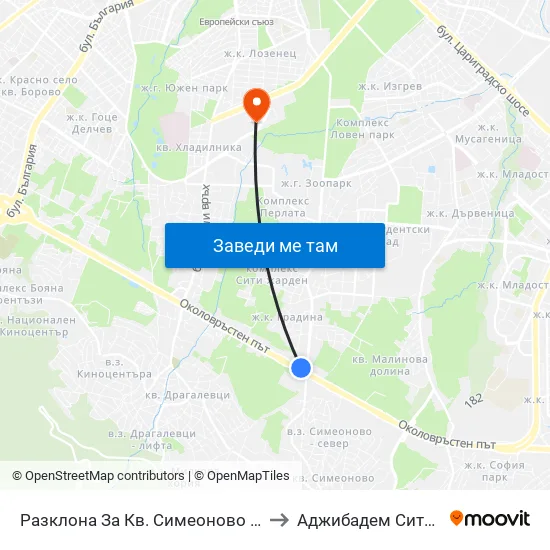 Разклона За Кв. Симеоново / Fork Road To Simeonovo Qr. (1458) to Аджибадем Сити Клиник Мбал Токуда map