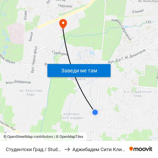 Студентски Град / Students' Town (2382) to Аджибадем Сити Клиник Мбал Токуда map