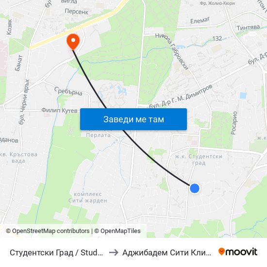 Студентски Град / Students' Town (1693) to Аджибадем Сити Клиник Мбал Токуда map