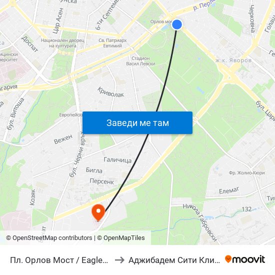 Пл. Орлов Мост / Eagles' Bridge Sq. (1287) to Аджибадем Сити Клиник Мбал Токуда map