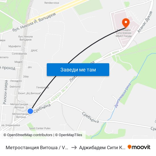 Метростанция Витоша / Vitosha Metro Station (0909) to Аджибадем Сити Клиник Мбал Токуда map
