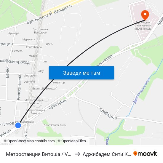 Метростанция Витоша / Vitosha Metro Station (2755) to Аджибадем Сити Клиник Мбал Токуда map
