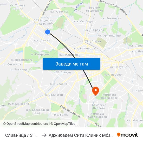 Сливница / Slivnitsa to Аджибадем Сити Клиник Мбал Токуда map