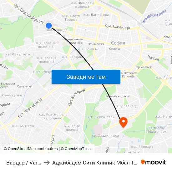 Вардар / Vardar to Аджибадем Сити Клиник Мбал Токуда map