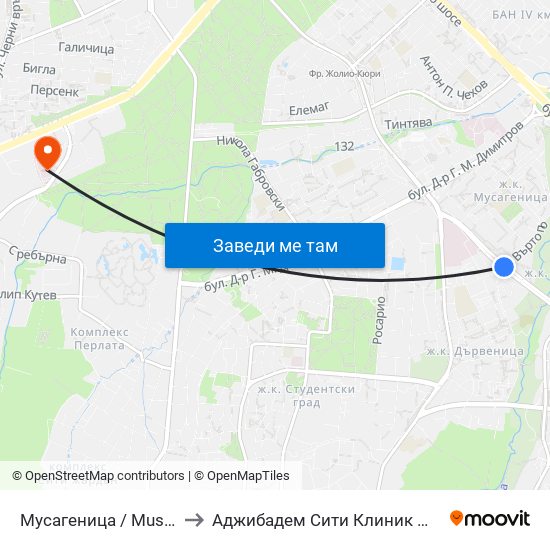 Мусагеница /  Musagenitsa to Аджибадем Сити Клиник Мбал Токуда map