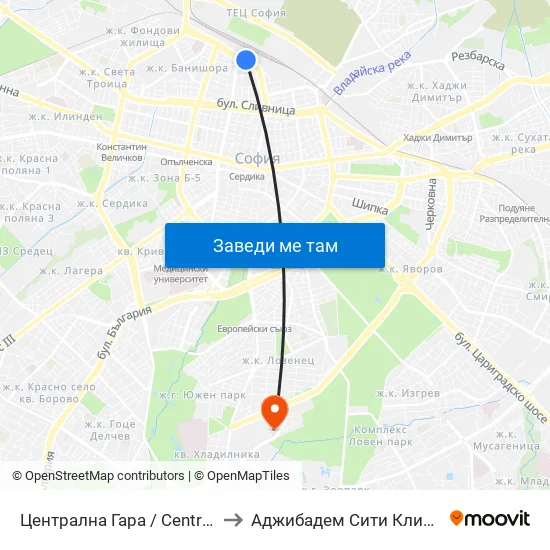 Централна Гара / Central Railway Station to Аджибадем Сити Клиник Мбал Токуда map