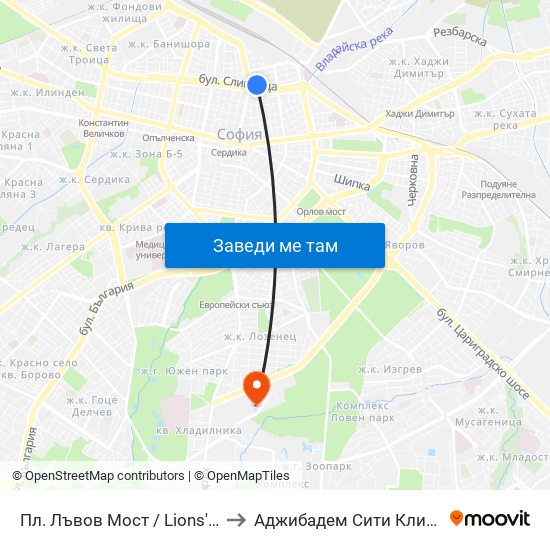 Пл. Лъвов Мост / Lions' Bridge Sq. (1275) to Аджибадем Сити Клиник Мбал Токуда map
