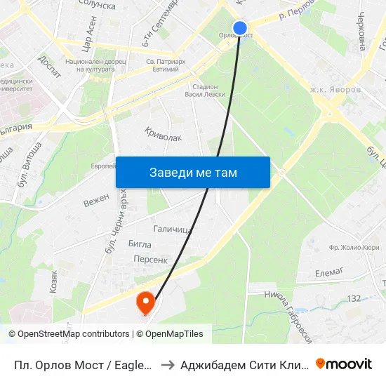 Ⓜ️ Пл. Орлов Мост / Eagles' Bridge Sq. (1289) to Аджибадем Сити Клиник Мбал Токуда map
