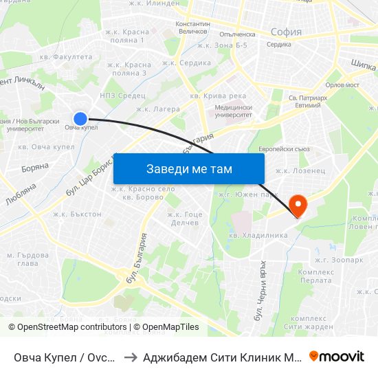 Овча Купел / Ovcha Kupel to Аджибадем Сити Клиник Мбал Токуда map