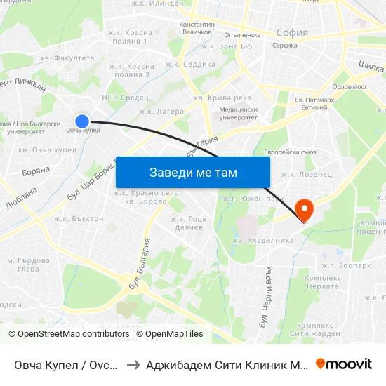 Овча Купел / Ovcha Kupel to Аджибадем Сити Клиник Мбал Токуда map