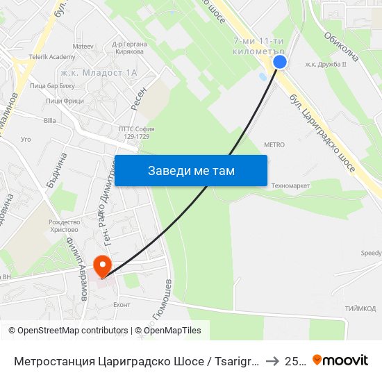 Метростанция Цариградско Шосе / Tsarigradsko Shosse Metro Station (1016) to 25 Дкц map