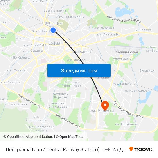 Централна Гара / Central Railway Station (1327) to 25 Дкц map