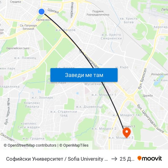 Софийски Университет / Sofia University (1700) to 25 Дкц map