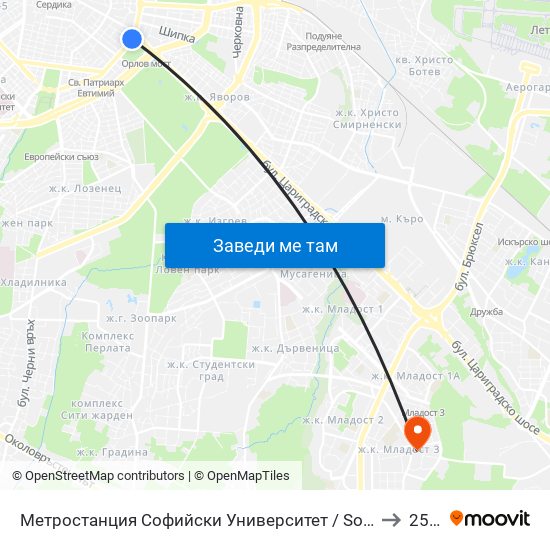 Метростанция Софийски Университет / Sofia University Metro Station (2827) to 25 Дкц map